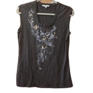 Classiques Entier Black Silk Sequin Beaded V neck Top LG